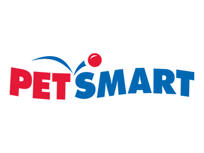 The logo of PetSmart features the name 'PETSMART' in bold letters, with 'PET' in red and 'SMART' in blue. Above the text, a blue wave and a red circle are depicted, representing playfulness.