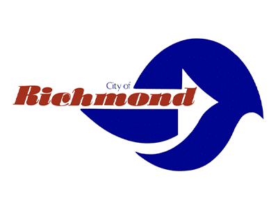 Logo of the City of Richmond featuring the word "Richmond" in a bold, red font. Above the text, there is a stylized blue wave design with a pointed tip, suggesting motion or direction.