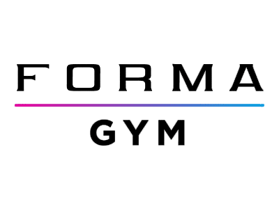 The logo for Forma Gym features the word 'FORMA' in bold black letters above the word 'GYM,' also in bold black. A horizontal gradient line colored pink and blue separates the two words, which are centered on a white background.