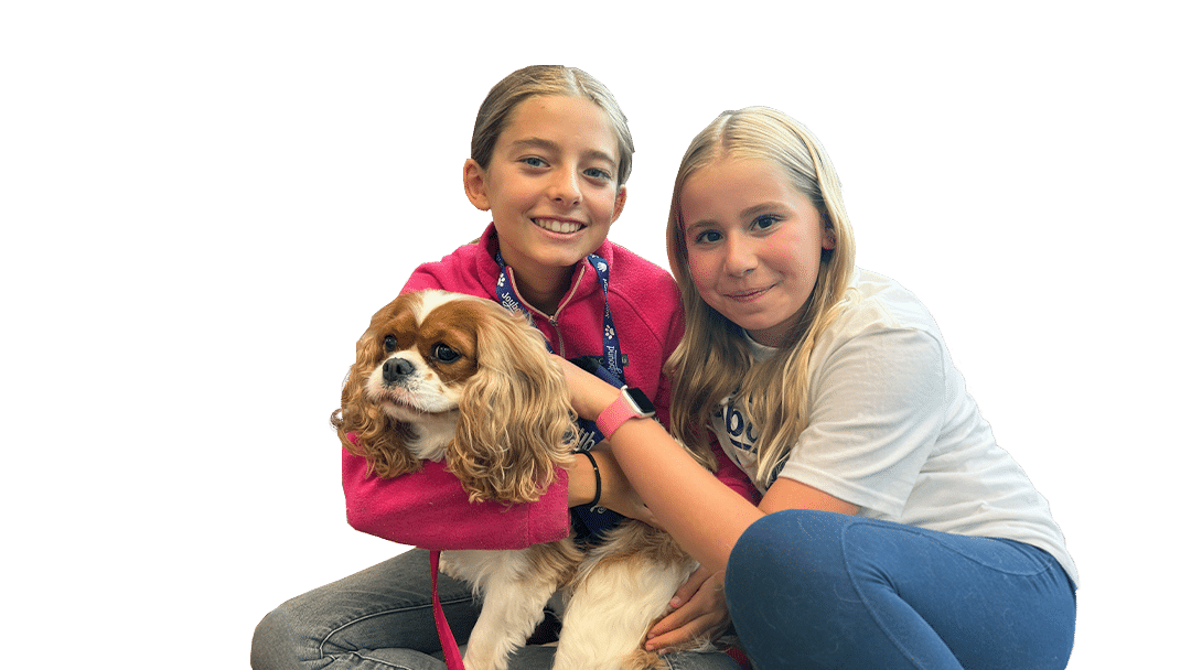 Two girls smiling while sitting together, with one girl in a pink jacket and the other in a white shirt. They are holding a Cavalier King Charles Spaniel dog. The image conveys a joyful moment, suitable for a Birthday Party setting at Camp Joybound.