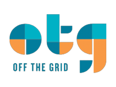 Logo for Off the Grid featuring stylized letters 'otg' in teal and orange geometric shapes, followed by the name 'OFF THE GRID' in bold blue font below. The design emphasizes a modern aesthetic with vibrant colors.