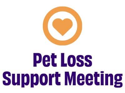 A circular logo features an orange heart inside a circle, above the text "Pet Loss Support Meeting" in large purple letters. The design is simple and clear, emphasizing support for those coping with the loss of a pet.