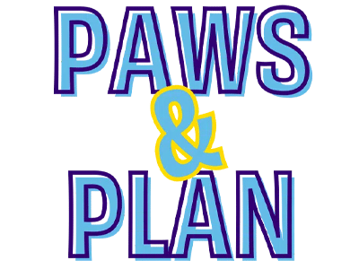 A Paws & Plan logo with the words “PAWS” and “PLAN” in purple outline around a yellow ampersand on a white background.