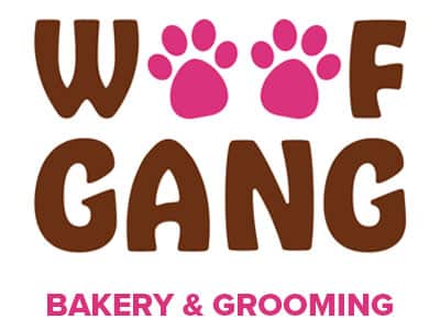 A Bakey & Grooming logo with brown lettering and pink paw prints on a white background.